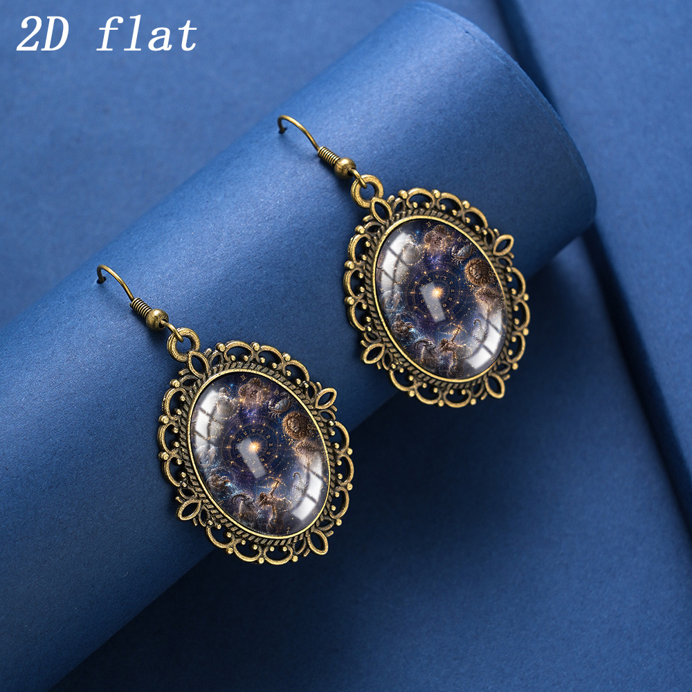Retro Twelve Constellations Chart Glass Dangle Earrings, Unisex